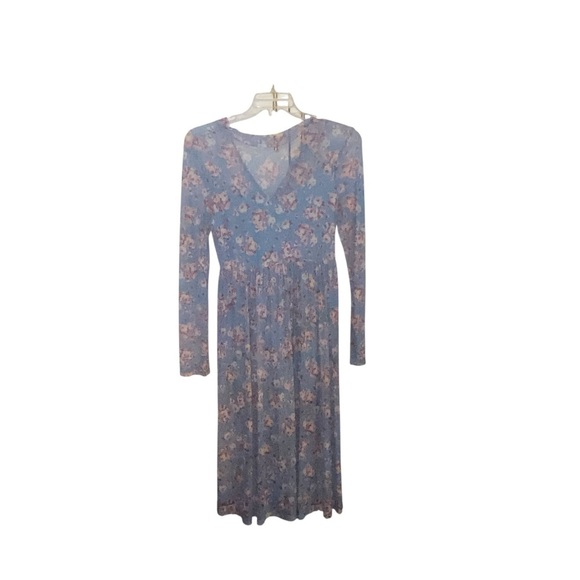 Lush Girly pop Floral Cherry Blossom Mesh Sheer Blue Long Sleeve Dress w/ shorts - Picture 2 of 7